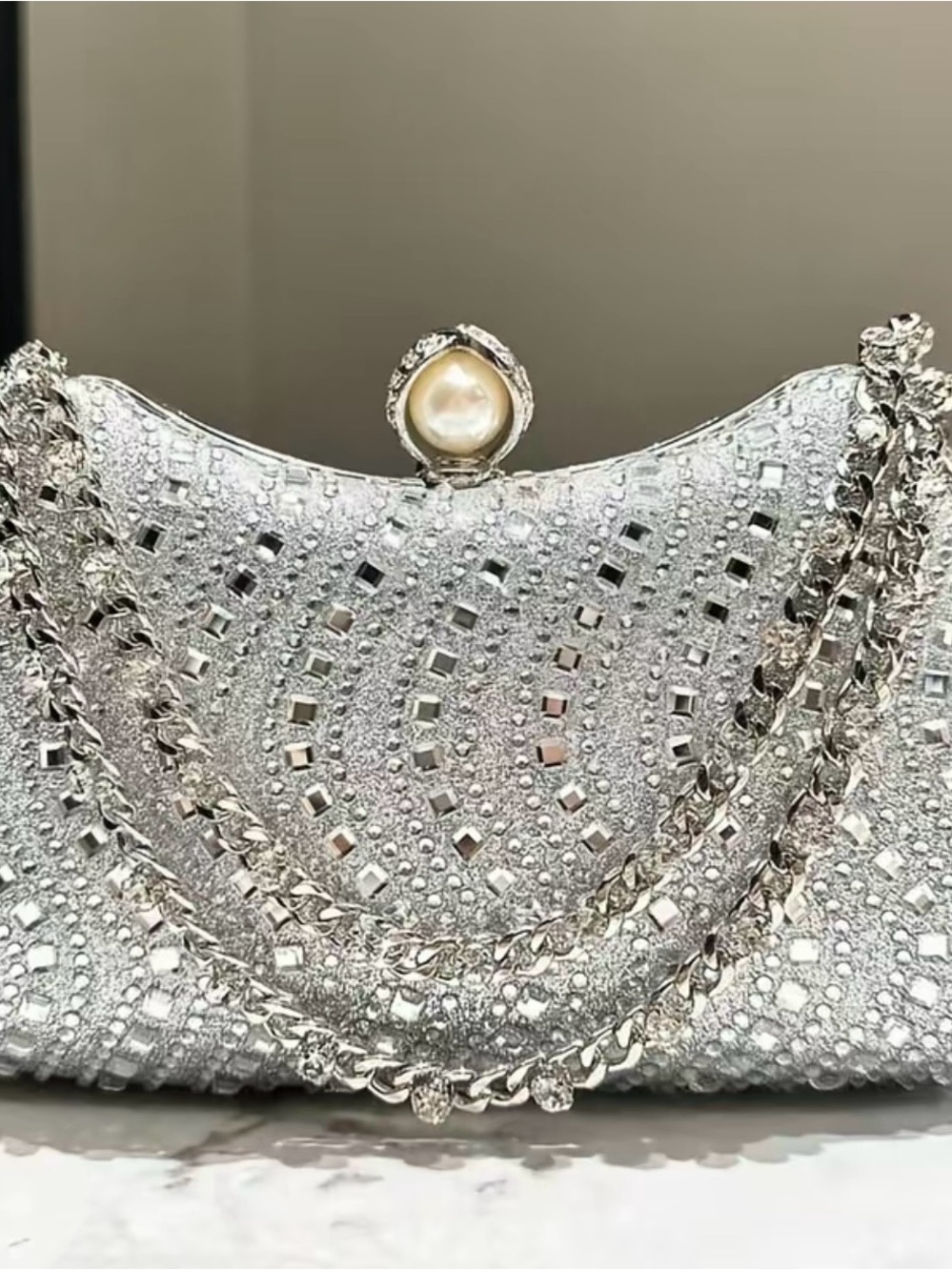 Silver Crystal Evening Clutch with Pearl-Accent Clasp